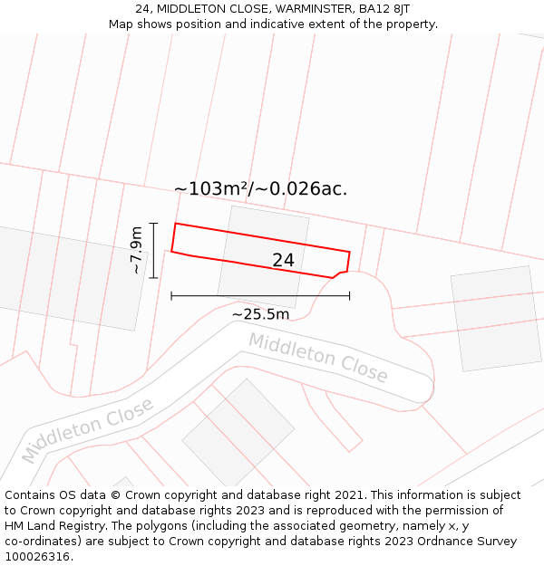 24, MIDDLETON CLOSE, WARMINSTER, BA12 8JT: Plot and title map