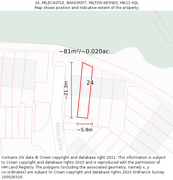 24, MILECASTLE, BANCROFT, MILTON KEYNES, MK13 0QL: Plot and title map