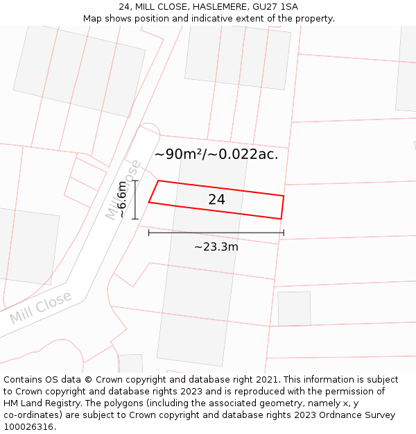 24, MILL CLOSE, HASLEMERE, GU27 1SA: Plot and title map
