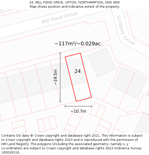 24, MILL POND DRIVE, UPTON, NORTHAMPTON, NN5 4EW: Plot and title map