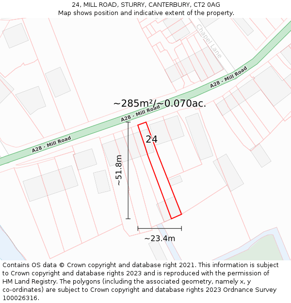 24, MILL ROAD, STURRY, CANTERBURY, CT2 0AG: Plot and title map