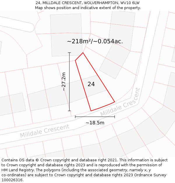 24, MILLDALE CRESCENT, WOLVERHAMPTON, WV10 6LW: Plot and title map