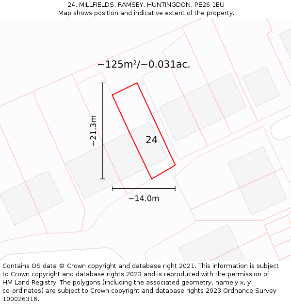 24, MILLFIELDS, RAMSEY, HUNTINGDON, PE26 1EU: Plot and title map