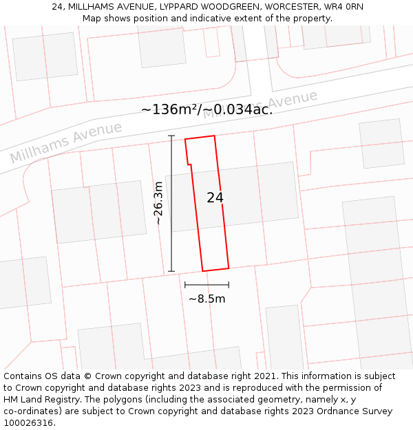 24, MILLHAMS AVENUE, LYPPARD WOODGREEN, WORCESTER, WR4 0RN: Plot and title map