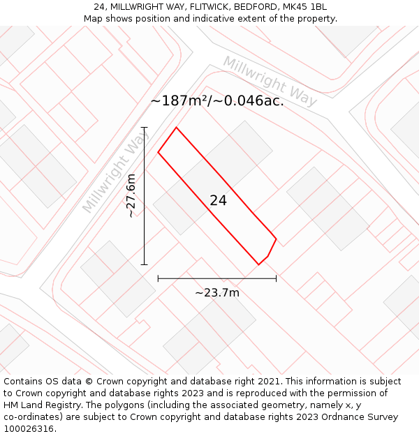 24, MILLWRIGHT WAY, FLITWICK, BEDFORD, MK45 1BL: Plot and title map
