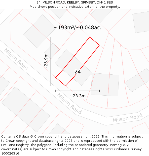 24, MILSON ROAD, KEELBY, GRIMSBY, DN41 8ES: Plot and title map