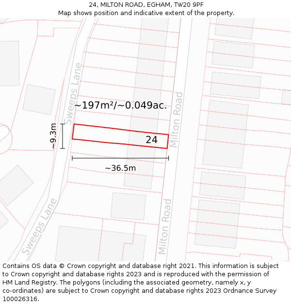24, MILTON ROAD, EGHAM, TW20 9PF: Plot and title map