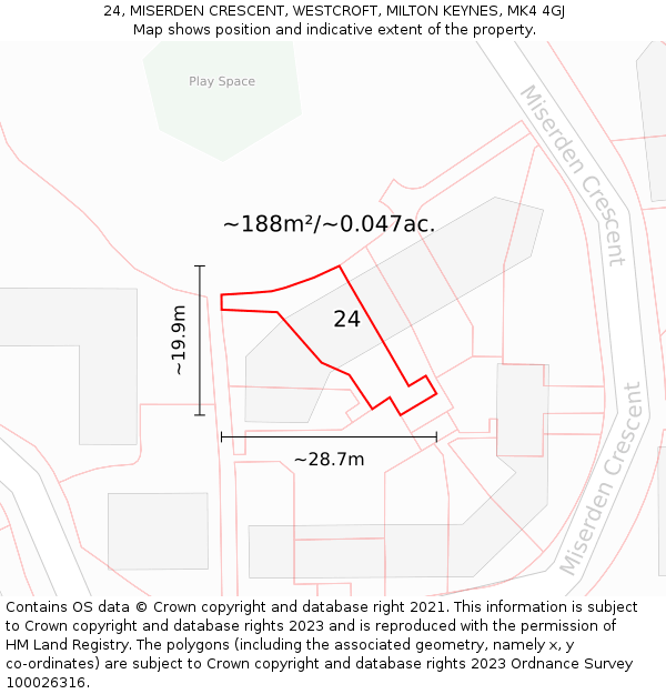 24, MISERDEN CRESCENT, WESTCROFT, MILTON KEYNES, MK4 4GJ: Plot and title map