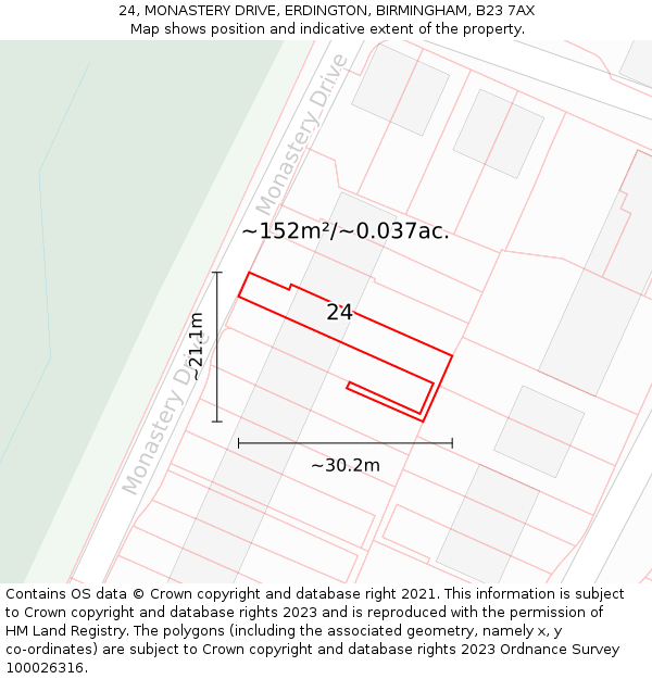 24, MONASTERY DRIVE, ERDINGTON, BIRMINGHAM, B23 7AX: Plot and title map