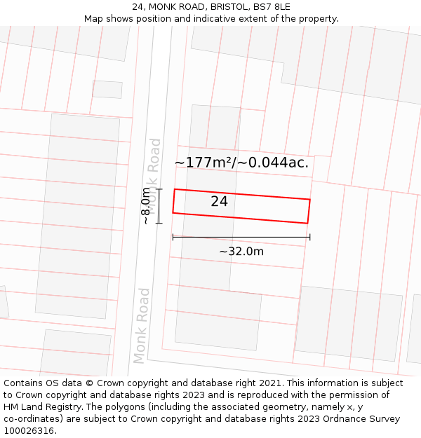 24, MONK ROAD, BRISTOL, BS7 8LE: Plot and title map