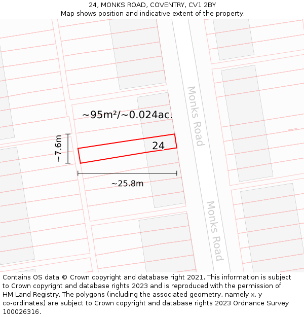 24, MONKS ROAD, COVENTRY, CV1 2BY: Plot and title map