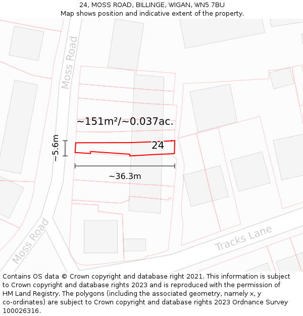 24, MOSS ROAD, BILLINGE, WIGAN, WN5 7BU: Plot and title map