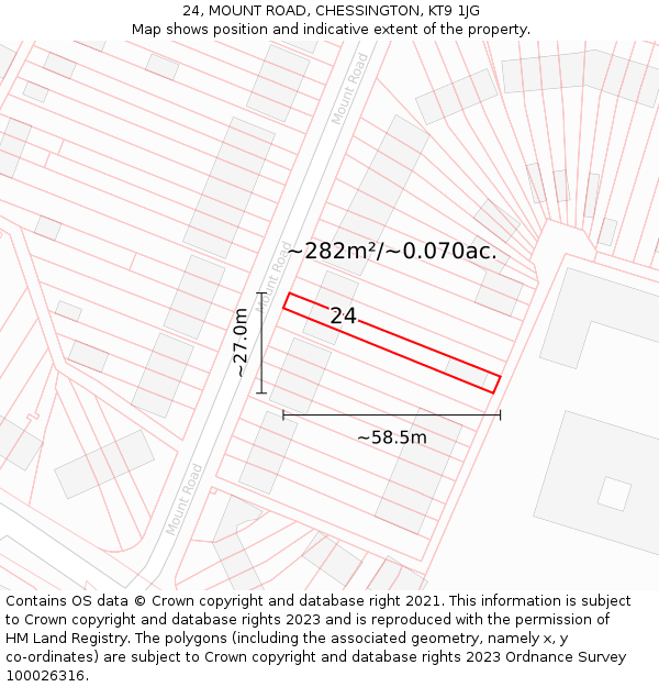 24, MOUNT ROAD, CHESSINGTON, KT9 1JG: Plot and title map