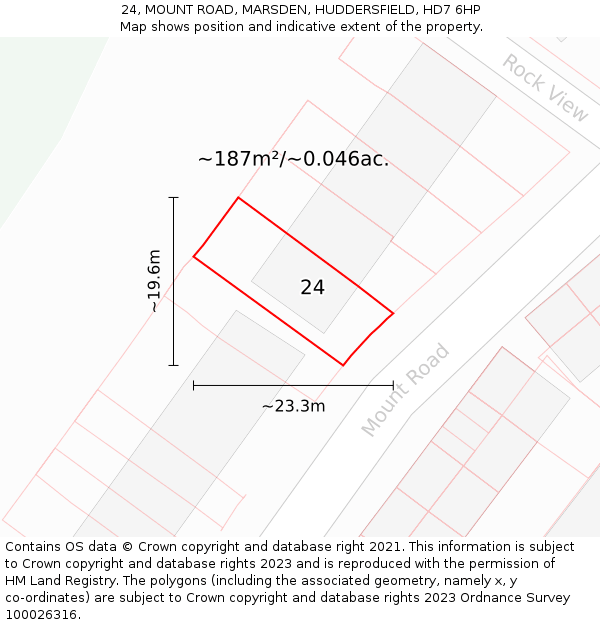 24, MOUNT ROAD, MARSDEN, HUDDERSFIELD, HD7 6HP: Plot and title map