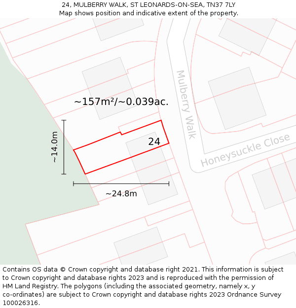 24, MULBERRY WALK, ST LEONARDS-ON-SEA, TN37 7LY: Plot and title map