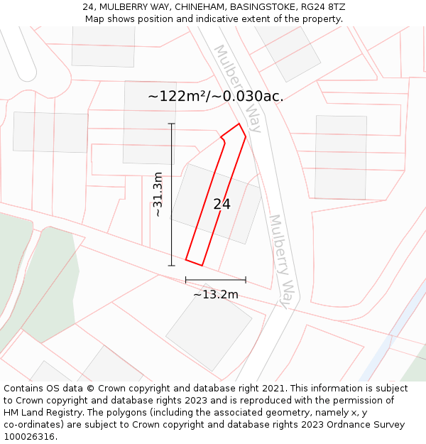 24, MULBERRY WAY, CHINEHAM, BASINGSTOKE, RG24 8TZ: Plot and title map