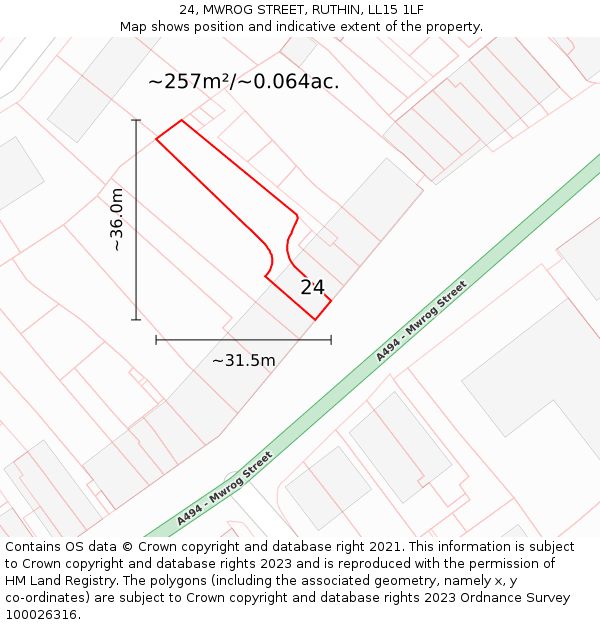 24, MWROG STREET, RUTHIN, LL15 1LF: Plot and title map
