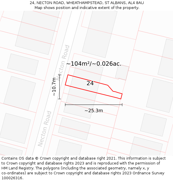 24, NECTON ROAD, WHEATHAMPSTEAD, ST ALBANS, AL4 8AU: Plot and title map