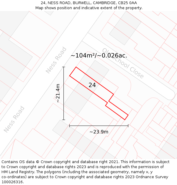 24, NESS ROAD, BURWELL, CAMBRIDGE, CB25 0AA: Plot and title map