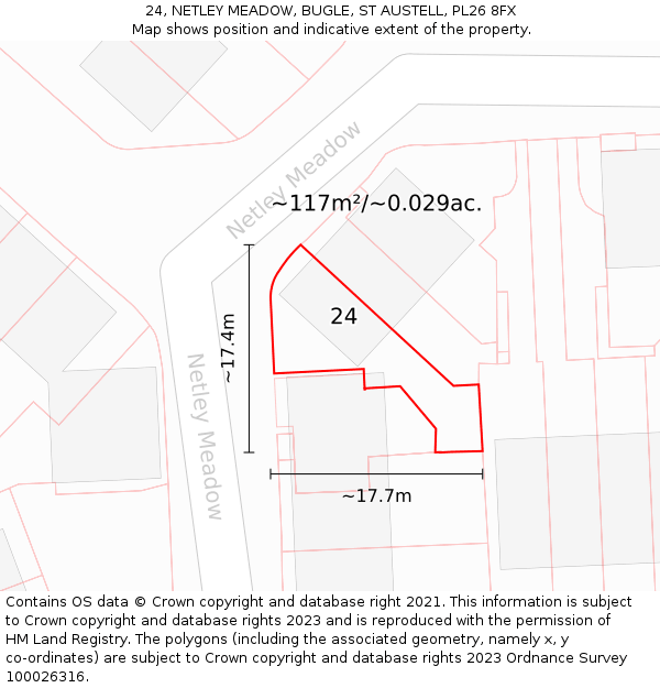 24, NETLEY MEADOW, BUGLE, ST AUSTELL, PL26 8FX: Plot and title map