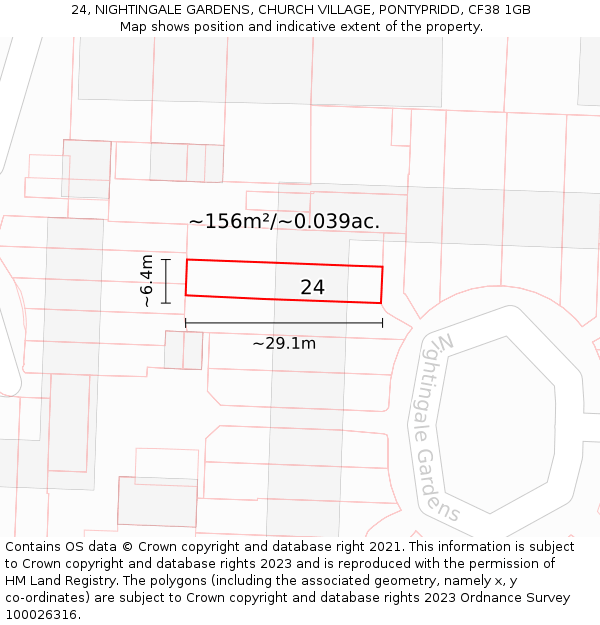 24, NIGHTINGALE GARDENS, CHURCH VILLAGE, PONTYPRIDD, CF38 1GB: Plot and title map