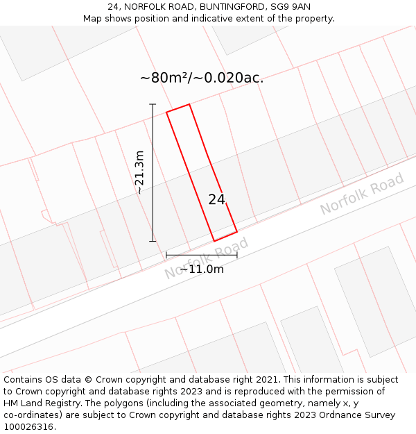 24, NORFOLK ROAD, BUNTINGFORD, SG9 9AN: Plot and title map