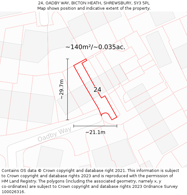 24, OADBY WAY, BICTON HEATH, SHREWSBURY, SY3 5PL: Plot and title map