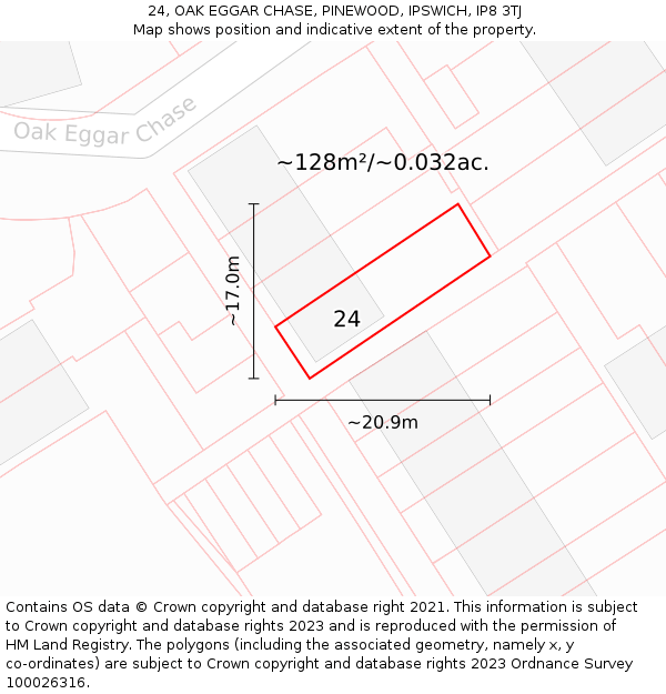 24, OAK EGGAR CHASE, PINEWOOD, IPSWICH, IP8 3TJ: Plot and title map