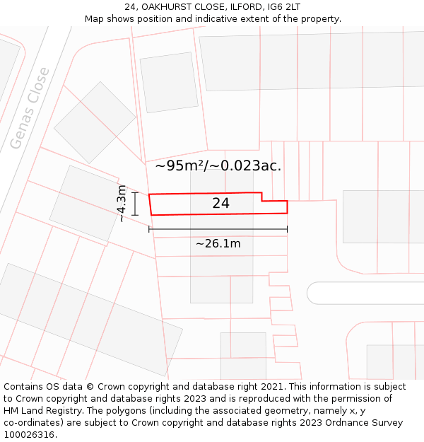 24, OAKHURST CLOSE, ILFORD, IG6 2LT: Plot and title map