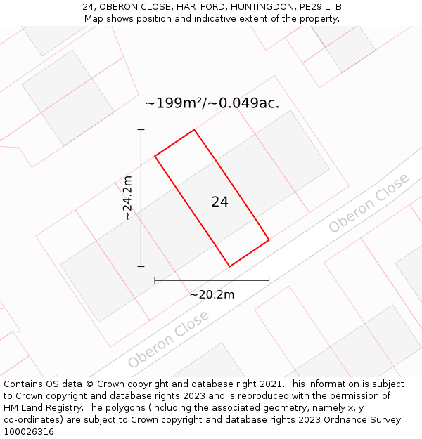 24, OBERON CLOSE, HARTFORD, HUNTINGDON, PE29 1TB: Plot and title map