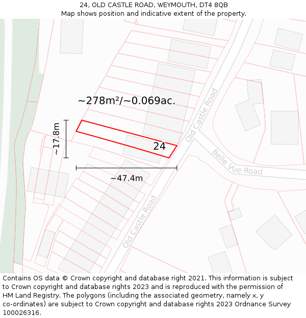 24, OLD CASTLE ROAD, WEYMOUTH, DT4 8QB: Plot and title map