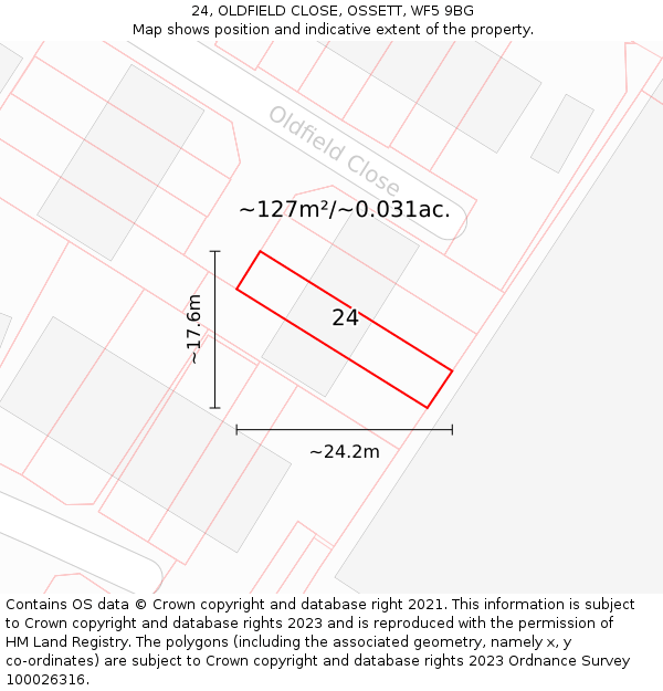 24, OLDFIELD CLOSE, OSSETT, WF5 9BG: Plot and title map