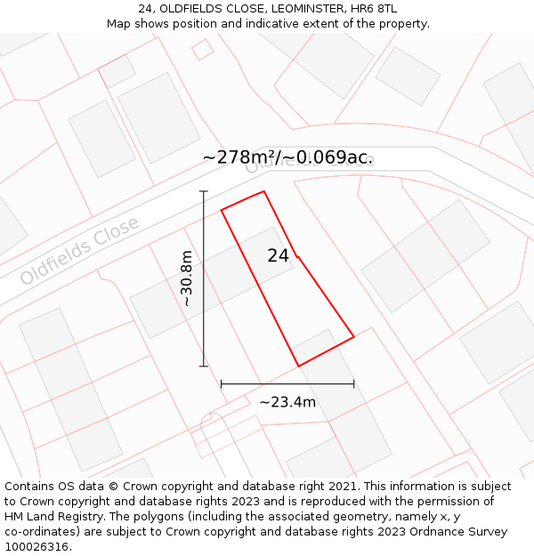24, OLDFIELDS CLOSE, LEOMINSTER, HR6 8TL: Plot and title map