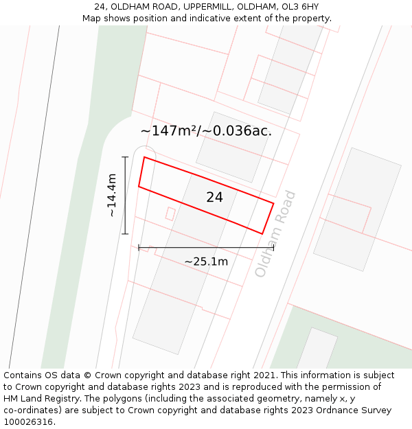 24, OLDHAM ROAD, UPPERMILL, OLDHAM, OL3 6HY: Plot and title map