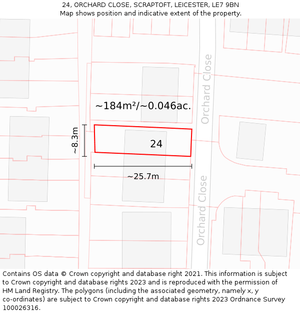 24, ORCHARD CLOSE, SCRAPTOFT, LEICESTER, LE7 9BN: Plot and title map