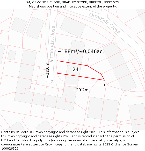 24, ORMONDS CLOSE, BRADLEY STOKE, BRISTOL, BS32 0DX: Plot and title map