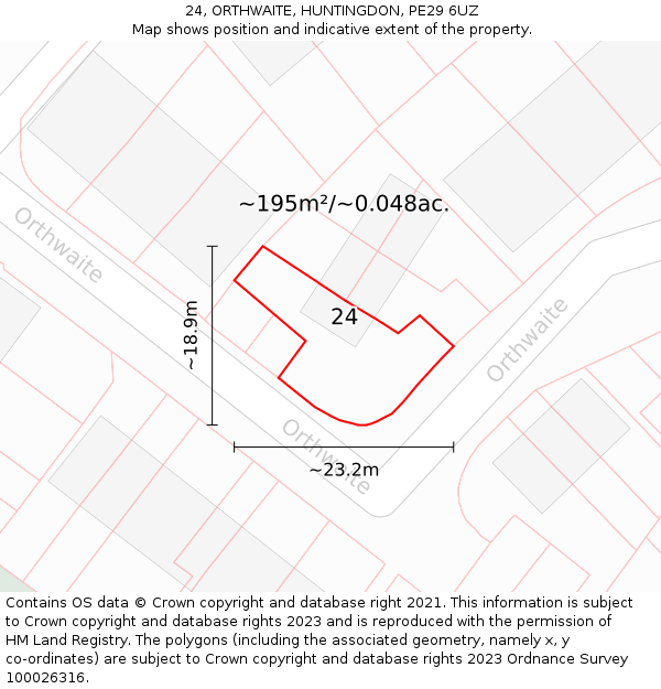 24, ORTHWAITE, HUNTINGDON, PE29 6UZ: Plot and title map