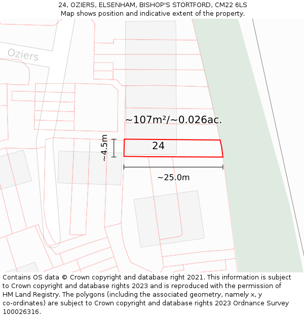 24, OZIERS, ELSENHAM, BISHOP'S STORTFORD, CM22 6LS: Plot and title map