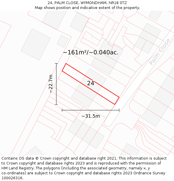 24, PALM CLOSE, WYMONDHAM, NR18 0TZ: Plot and title map