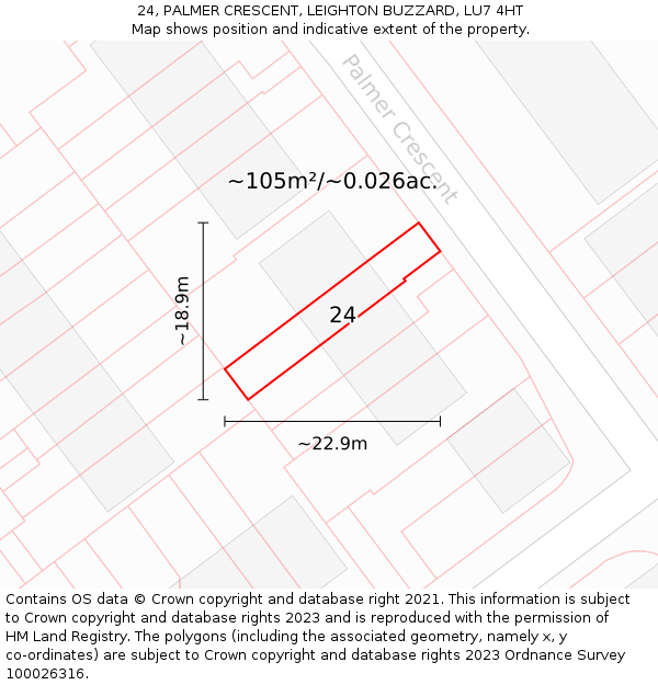24, PALMER CRESCENT, LEIGHTON BUZZARD, LU7 4HT: Plot and title map