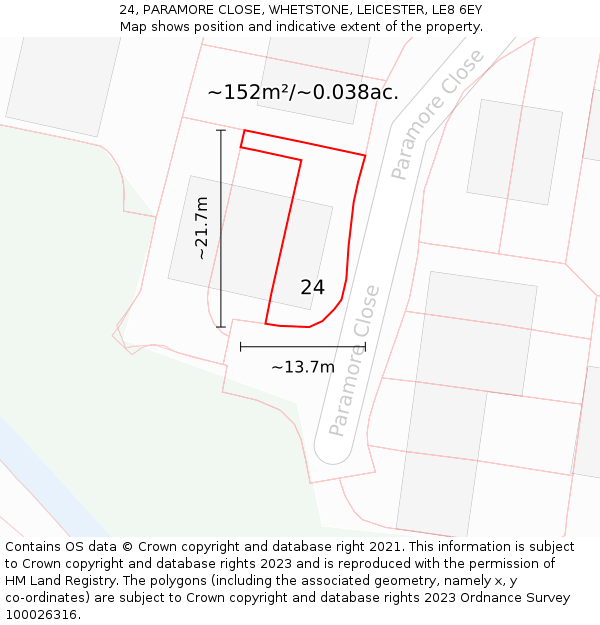 24, PARAMORE CLOSE, WHETSTONE, LEICESTER, LE8 6EY: Plot and title map