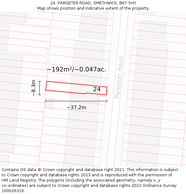 24, PARGETER ROAD, SMETHWICK, B67 5HY: Plot and title map