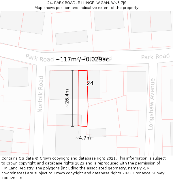 24, PARK ROAD, BILLINGE, WIGAN, WN5 7JS: Plot and title map