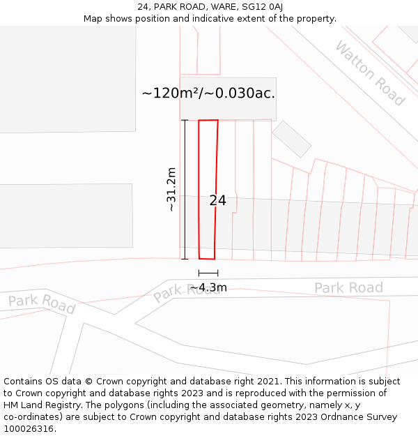 24, PARK ROAD, WARE, SG12 0AJ: Plot and title map