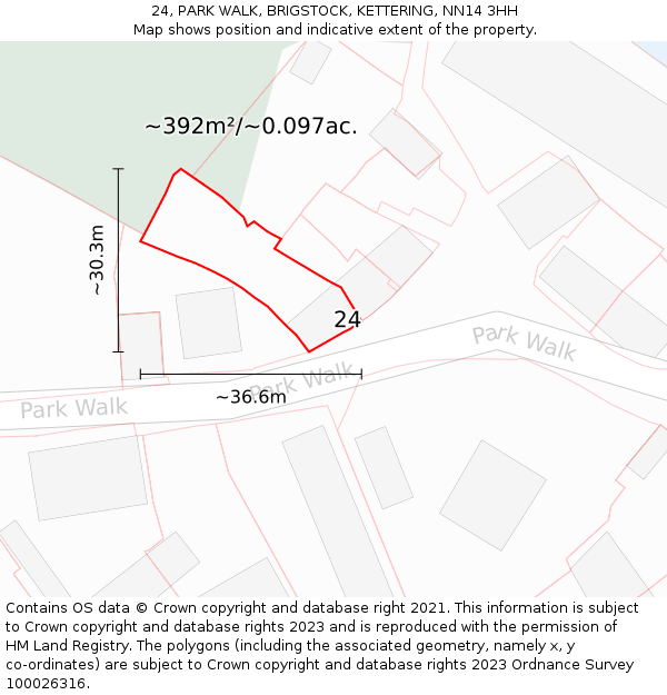 24, PARK WALK, BRIGSTOCK, KETTERING, NN14 3HH: Plot and title map