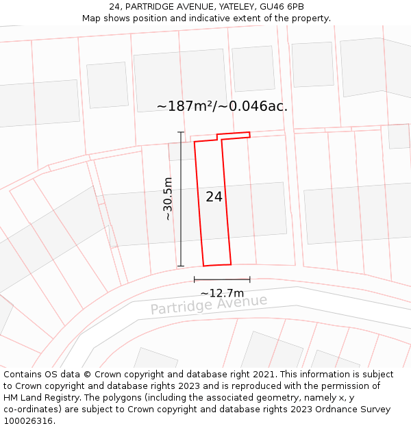 24, PARTRIDGE AVENUE, YATELEY, GU46 6PB: Plot and title map