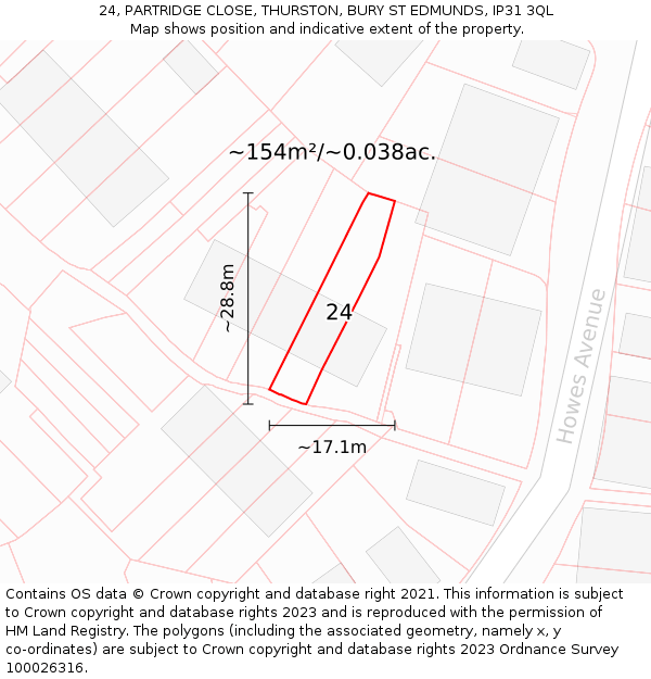 24, PARTRIDGE CLOSE, THURSTON, BURY ST EDMUNDS, IP31 3QL: Plot and title map