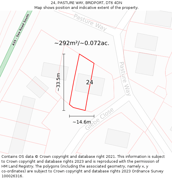 24, PASTURE WAY, BRIDPORT, DT6 4DN: Plot and title map