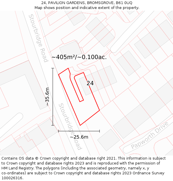 24, PAVILION GARDENS, BROMSGROVE, B61 0UQ: Plot and title map