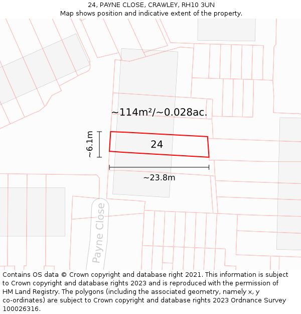 24, PAYNE CLOSE, CRAWLEY, RH10 3UN: Plot and title map
